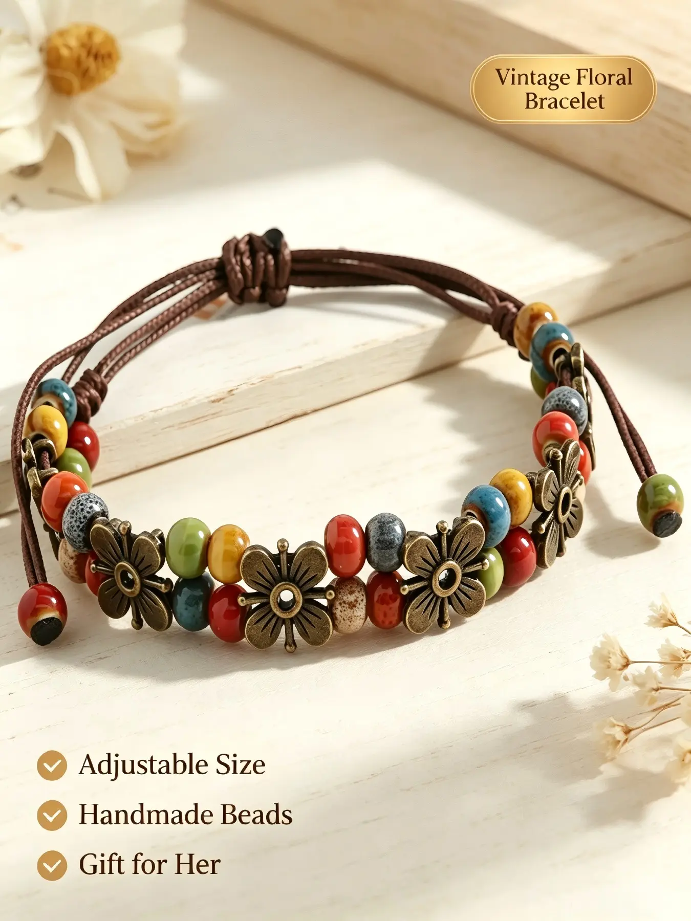 1Pc Boho Vintage Adjustable Wax Rope Bracelet, Colorful Ceramic Beads Antique Metal Flower Charms Handmade Wrist Jewelry Gift For Women Daily Matching