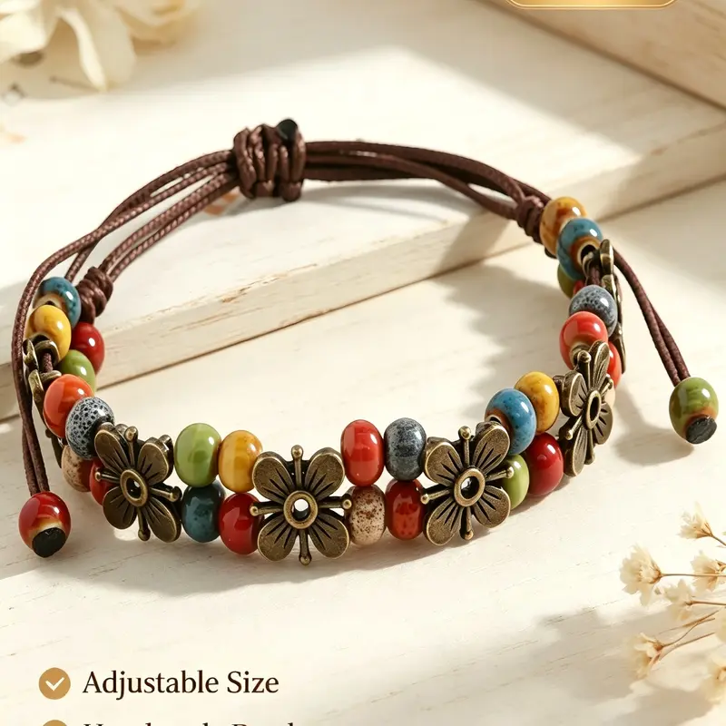 1Pc Boho Vintage Adjustable Wax Rope Bracelet, Beaded Jewelry Bracelets, Colorful Ceramic Beads Antique Metal Flower Charms Handmade Wrist Jewelry Gift For Women Daily Matching