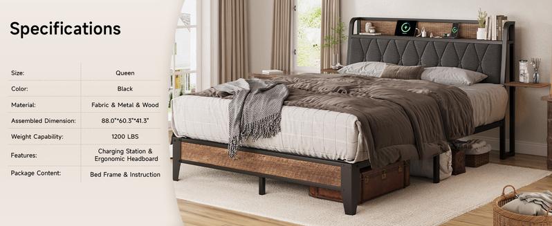 【Valentine's Day gift】ONBRILL Queen Bed Frame with Side Storage Shelves, Comfy Storage Headboard with Charging Station, Platform Bed Frame, Metal Heavy Duty, No Box Spring Needed, Easy Assembly, Bedroom Furniture