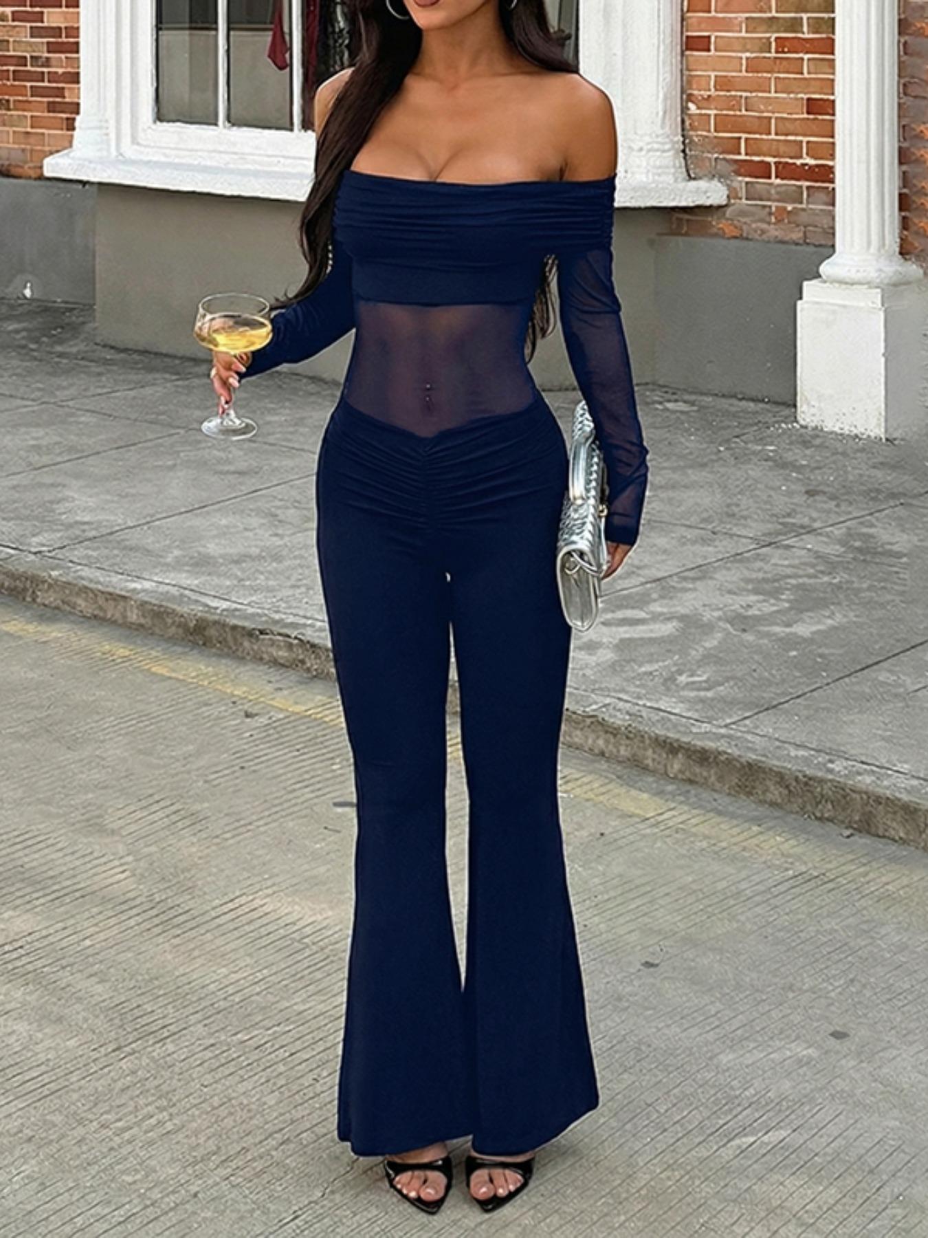 Women's Solid Color Long Sleeve Jumpsuit, Fashion Casual Off Shoulder Jumpsuit for Daily Outdoor Wear, Women Jumpsuits for Summer