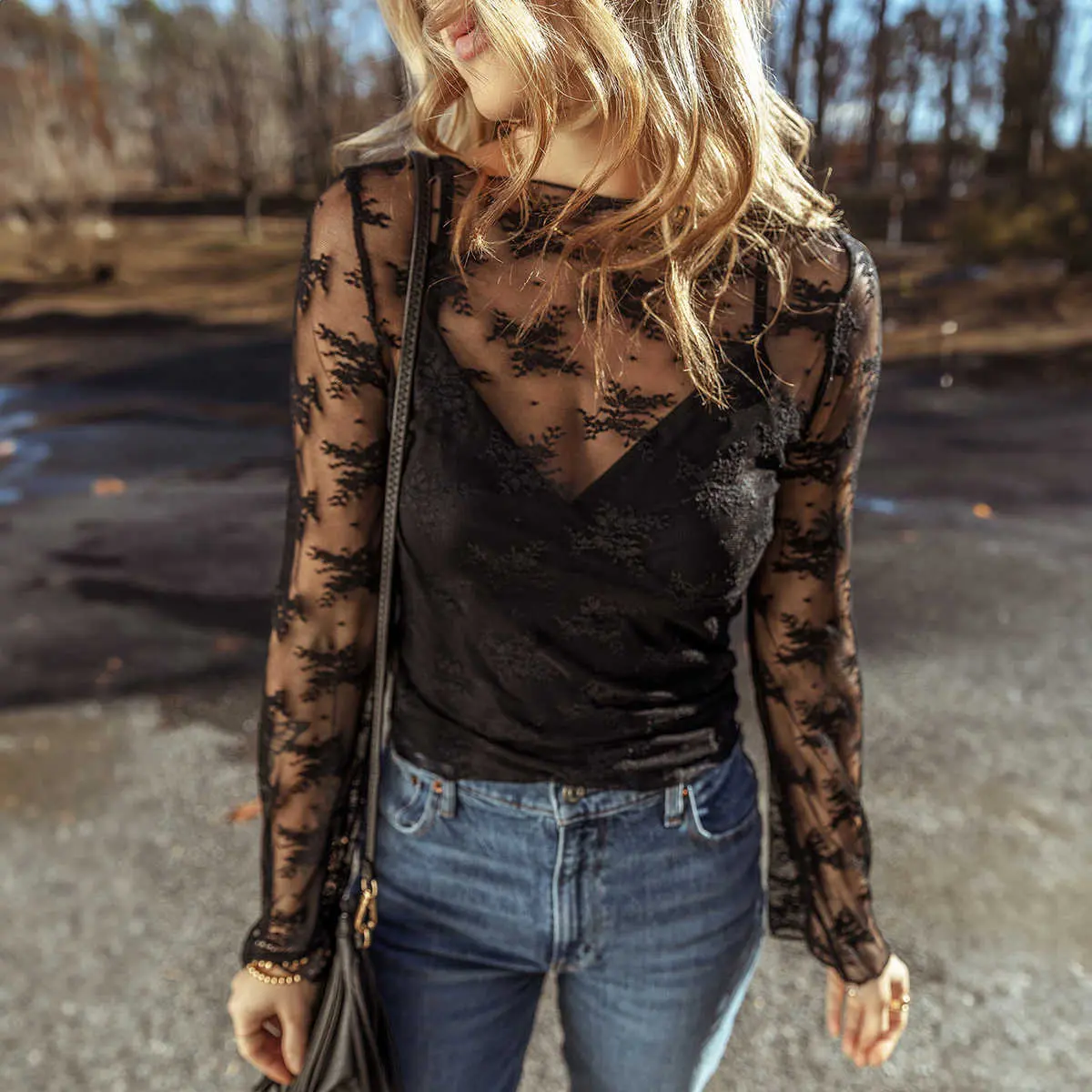Women's Elegant Feminine Crew Neck Black Lace-Mesh Crochet Splicing Slim-Fit Longsleeves Blouse, Premium Fabric