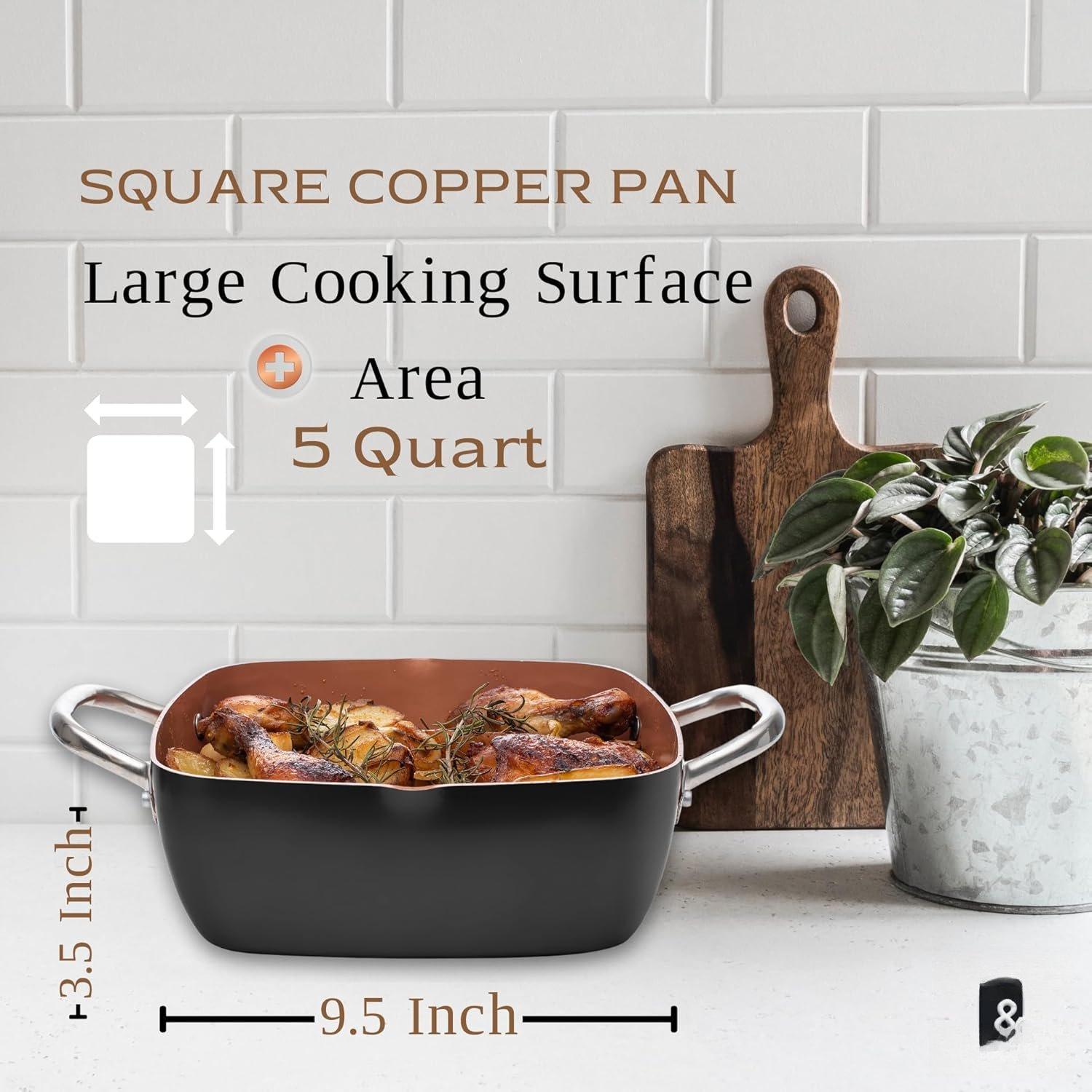 5 count Black Copper Chef Cookware Non Stick Deep Frying Pan, Fry Basket, Steamer Rack, Dishwasher  Oven Safe, 5 Qt Deep Square Pan, Induction Copper Cookware Set - 9.5" x 3.5"