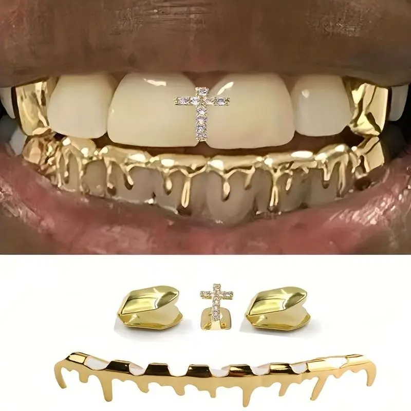 Cross-border    water drop eight teeth hip hop braces HIPHOP cross teeth five-piece set stage props braces Oral