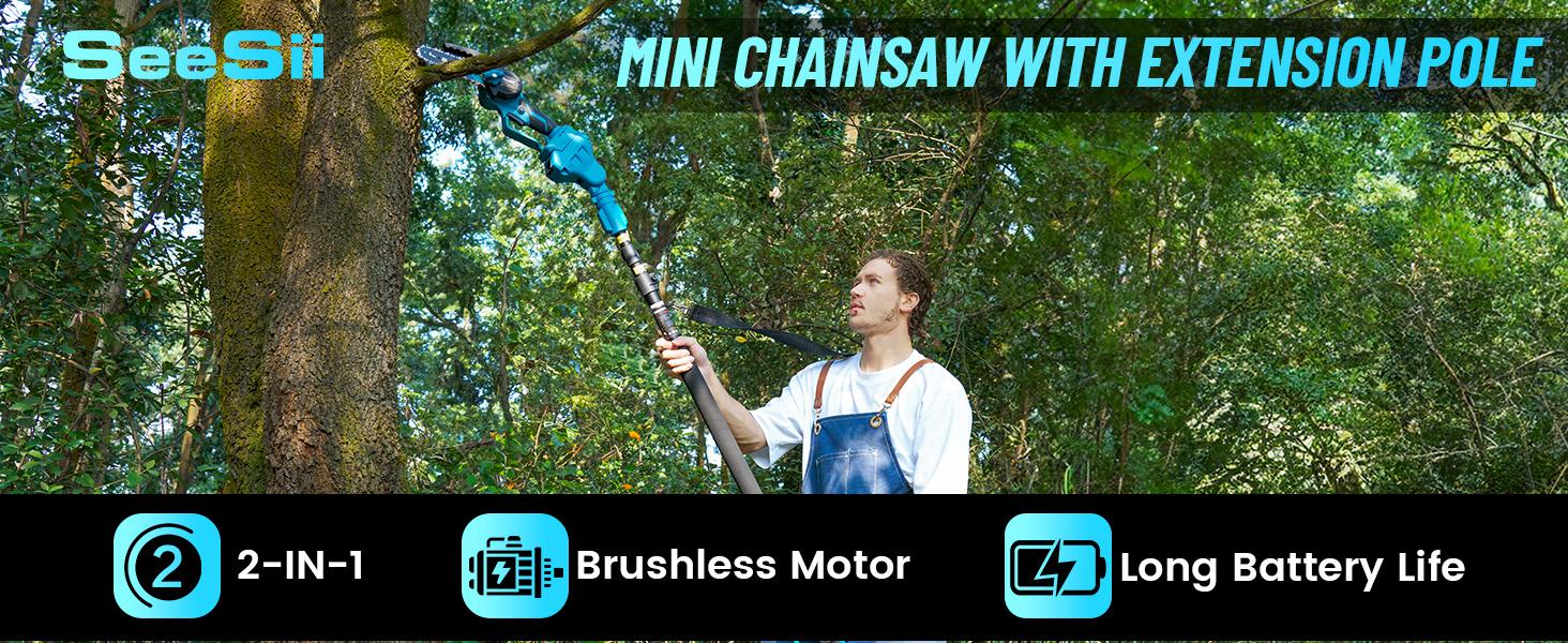 SeeSii 2-IN-1 Cordless Pole Saw & Mini Chainsaws, 6" Brushless Chain Saw with 2x 2.0Ah Battery, 16-Foot MAX Reach Brach Tree Saw with Extension Pole for Wood Cutting Garden CH600B  #TikTokShopBlackFriday