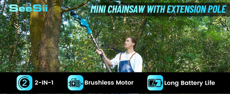 SeeSii 2-IN-1 Cordless Pole Saw & Mini Chainsaws, 6" Brushless Chain Saw with 2x 2.0Ah Battery, 16-Foot MAX Reach Brach Tree Saw with Extension Pole for Wood Cutting Garden CH600B  #TikTokShopBlackFriday