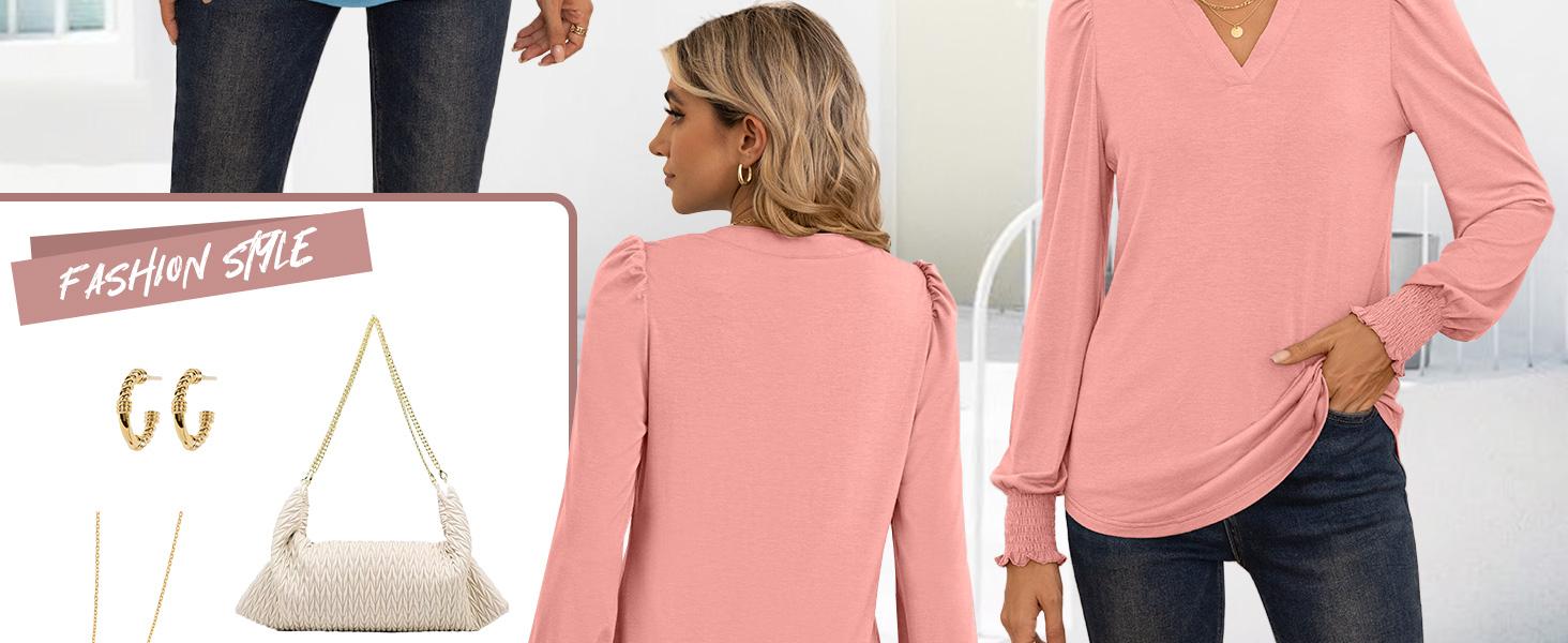 ANRABESS Women's Puff Long Sleeve Shirts V Neck Loose T-Shirts Dressy Casual Work Blouses 2025 Fall Tops Trendy Clothes Outfits Womenswear