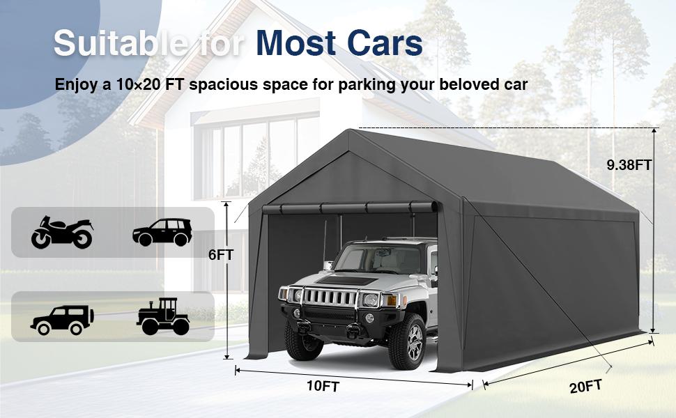 【TWO USES】Carport,10x20ft Heavy Duty Car Port,Portable Garage with Removable Sidewalls & Doors,Car Canopy with All-Season Tarp for Car Boat Truck Party