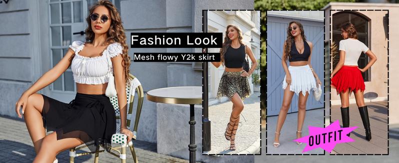 Avidlove Mini Skirts for Women Mesh Flowy Y2k Skirt Drawstring Ruched Bow Layer Asymmetrical Short Skort