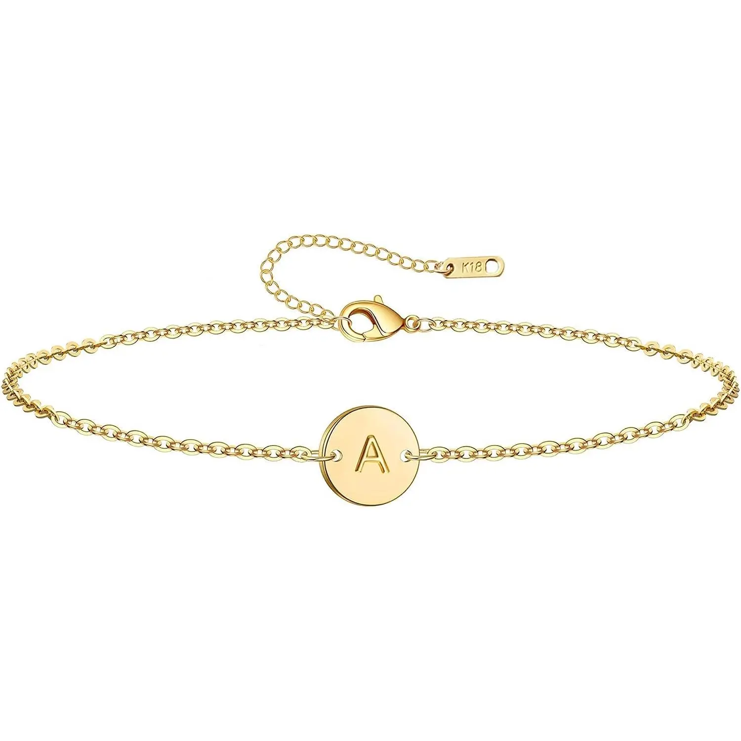 Women's Engraved Letter Initial Pendant Bracelet - 18K Gold-Plated Stainless Steel Coin Disc, Stainless Steel Chain, Personalized Name Bracelet for Personal Gifting
