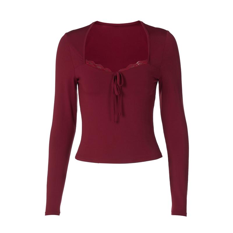 Women's Solid Lace Trim Tie-front Long Sleeve Square Neck Top, Plain Slim Fit Pullover Lace-up T-shirt Crop Top, Party Date Daily Casual Tees Blouse Tops For Ladies Spring Fall Winter Casual Basic Shirts, Womenswear