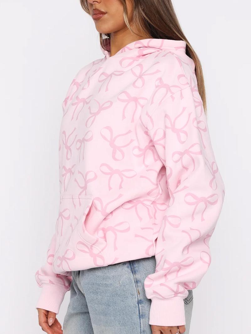 Women's Hooded Sweatshirt with Bow Print, Long Sleeve Fitted Casual Top, Spring & Fall Fashion, Perfect Gift for Valentine's Day