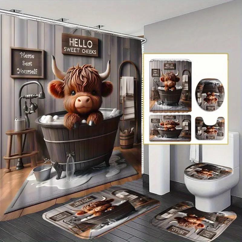 1/4pcs Happy Highland Cow Calf Bathing Design Bathroom Shower Curtain and Mat Set, includes 12 hooks, non-slip bathroom mat, non-slip toilet U-shaped mat, toilet seat cover, bathroom partition, Shower Curtain Sets, modern home decor. 1/4pcs Happy Highland Cow Calf Bathing Design Bathroom Shower Curtain and Mat Set, includes 12 hooks, non-slip bathroom mat, non-slip toilet U-shaped mat, toilet seat cover, bathroom partition, Shower Curtain Sets, modern home decor.