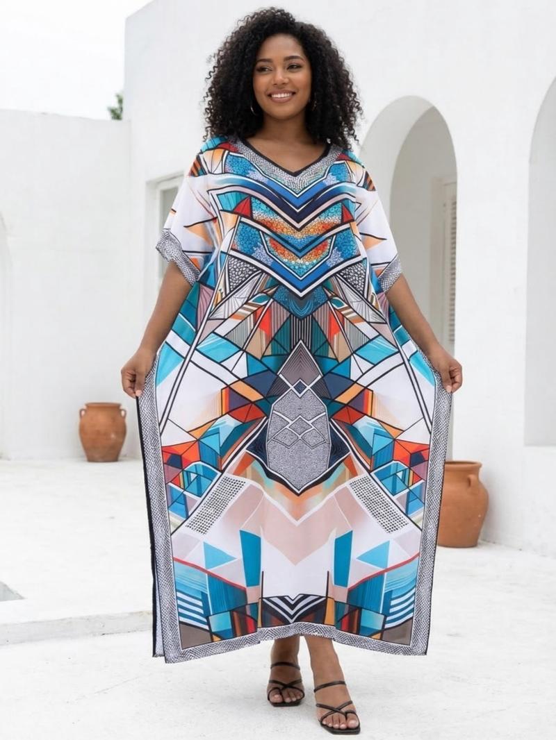 EDOLYNSA kaftans for woman oversized Moo Moo Dress printing Beach Holiday Dress beach wear vacation lounge around cover up party casual outfits muumuu caftan Comfy Homewear versatile Robe Q1469