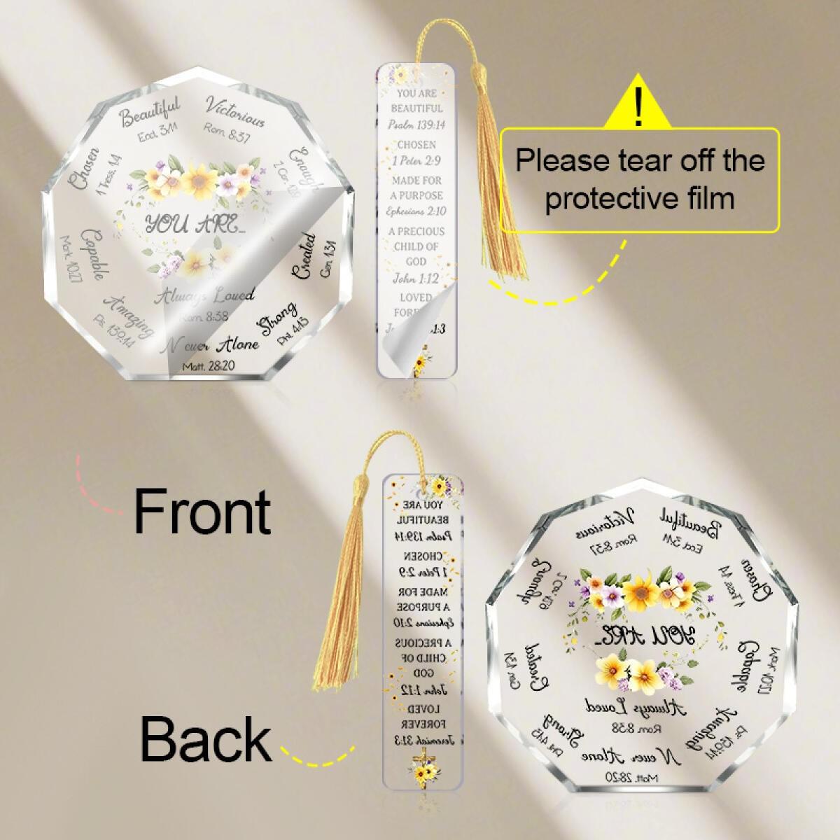 2pcs/set Christian Sunflower Scripture Octagonal Desktop Decoration + Yellow Tassel Bookmark, Fresh Watercolor Floral Style Ornament, Suitable for Desk, Church, Home ＆ Office Decoration, Warm Gift for Christians