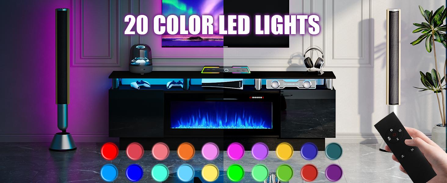 PUKAMI 70" Modern Fireplace TV Stand with 36" Electric Fireplace for TVs Up to 80 inch, Luxury LED Light Entertainment Center with High Gloss Cabinet, TV Consoles for Living Room