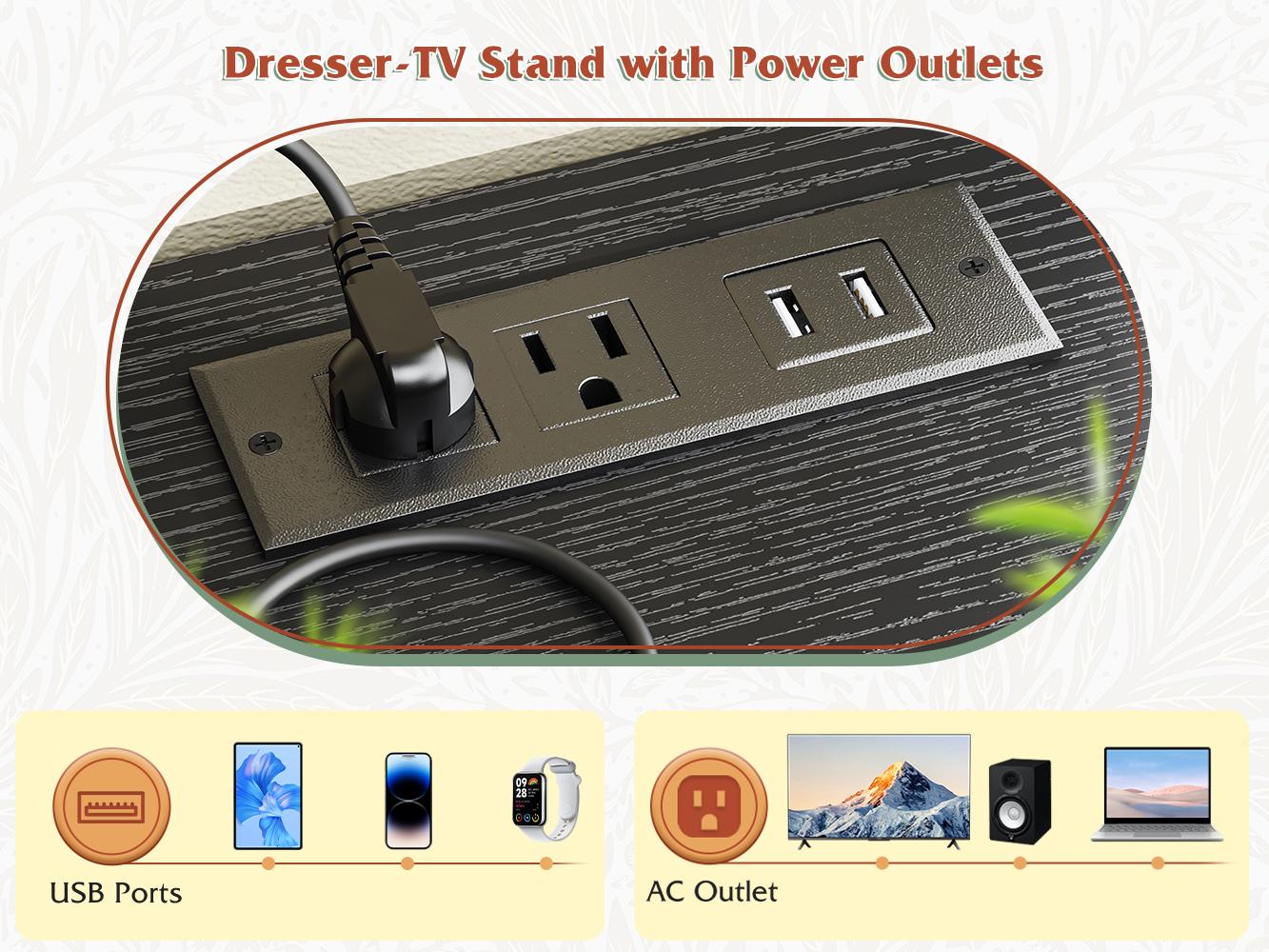 【Storage TV Stands】Raybee 30'' H Dresser with 5 Drawers,Old School & Chill Vibe TV Stands with Cabinets for Living Room with LED & Charge Station(2 USB Ports & 2 Power Outlets), Match 50 Inches TV,Combining Aesthetics with Practicality