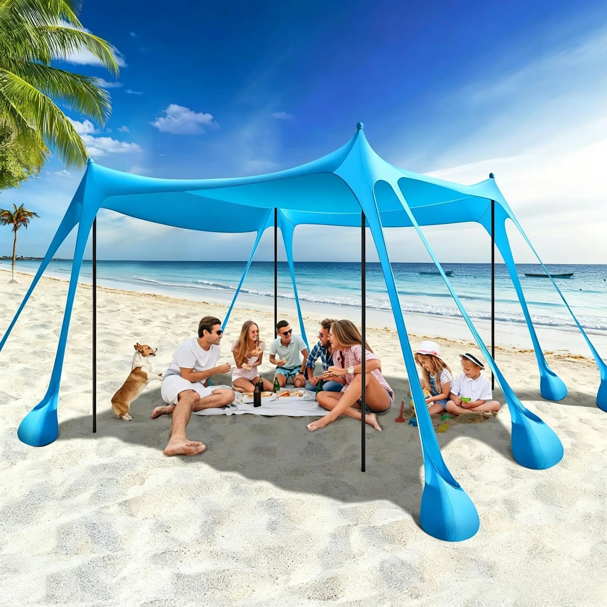 Beach Tent 10 x 10 FT UPF50+ Protection Outdoor Sun Shelter with 8 Sandbags 4 Stability Poles for Beach Camping Fishing Sky Blue