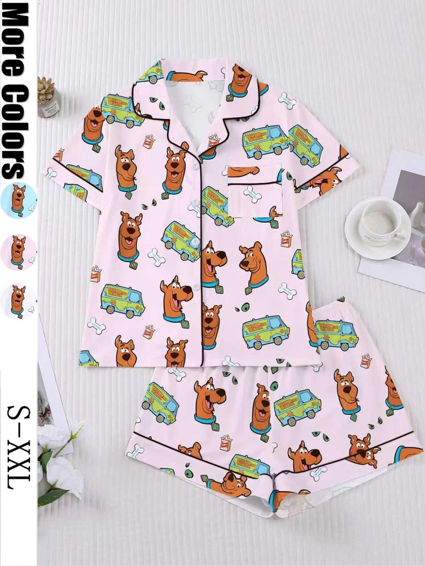 Women's Cartoon Pajama Set, Loungewear, Pyjamas, Pjs, Short Sleeve Button Front Top & Elastic Shorts, Elegant Fitted Sleepwear, Comfortable Homewear, Cartoon Pattern Pajamas