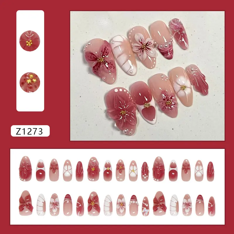 Soft Pink Cherry Blossom Nails - Hand-Carved Floral Press Ons with Pearl Details Flower Nails