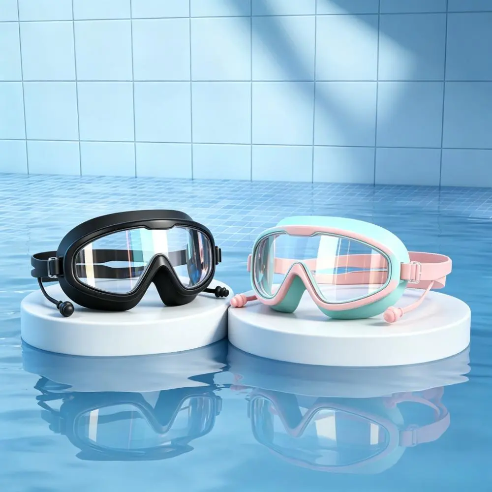 Wide Frame Swim Goggles for Adults, HD Clear Lens Anti Fog Waterproof Swimming Goggles with Built-in Ear Plugs, Leakproof Large View Swim Glasses for Men Women, 2 Colors Black & Pink-Green