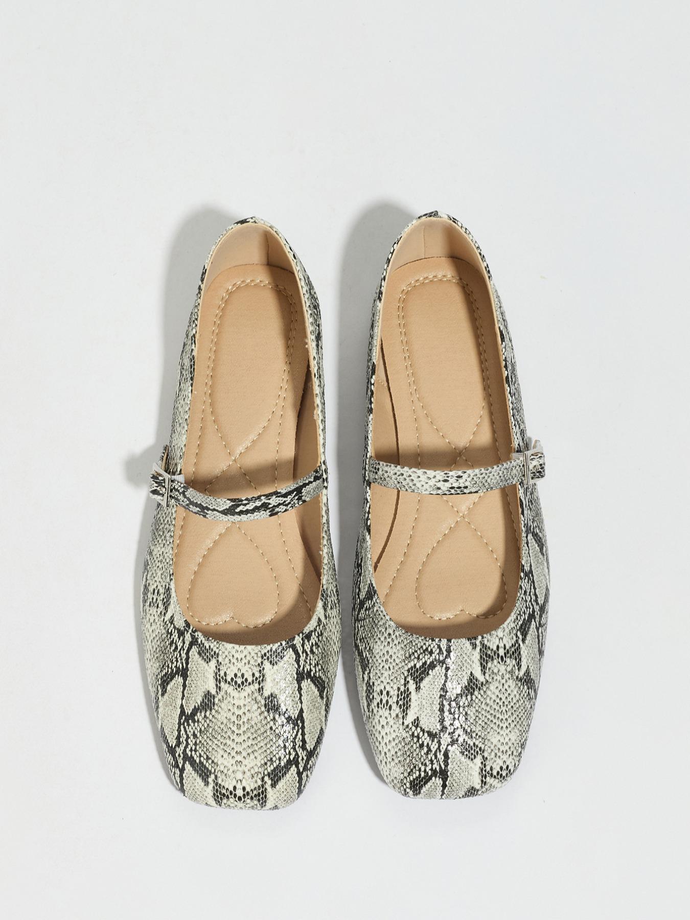 Women's Retro Snake Print Flat Mary Jane Shoes, Metal Buckle Slip-On Ballet Flats, Comfortable Low Heel Summer Shoes, Casual Flats