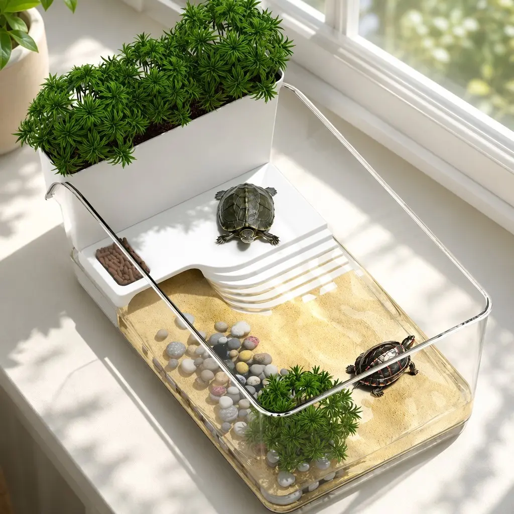 Transparent Plastic Turtle Tank, Mini Reptile Terrarium for Micro Landscape Eco Tank, Small Turtle Villa Habitat Decor Platform