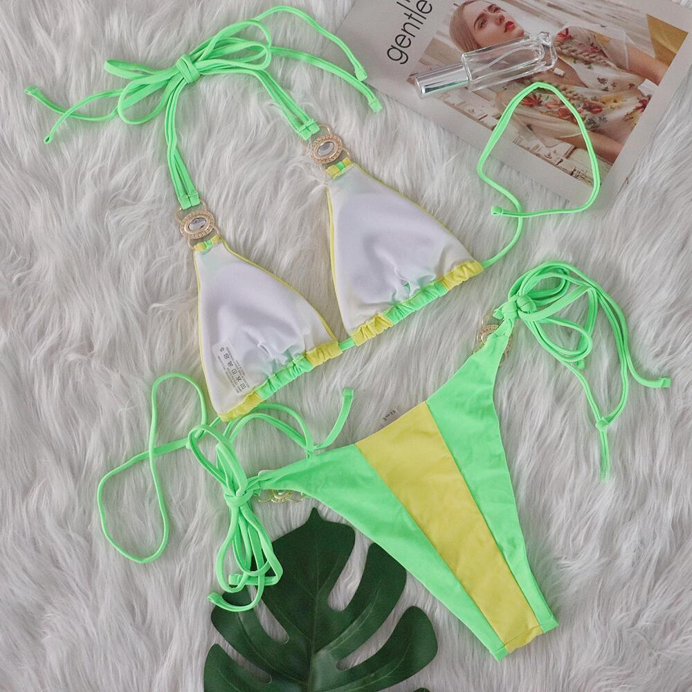Women's Pink Mint Color Block Halter Bikini Two Piece Swimsuit, Triangle Top With Emerald Rhinestone Metal Hardware, Side Tie String Bikini Bottom, Contrast Color Tropical Beach Bathing Suit for Summer Vacation Pool