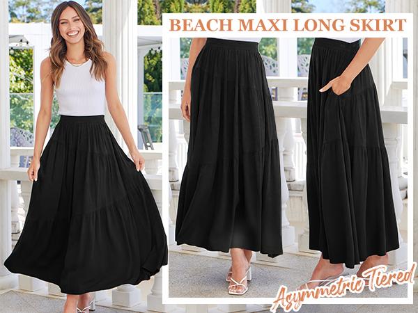 ANRABESS Women’s Boho Elastic High Waist Pleated A-Line Flowy Swing Asymmetric Tiered Maxi Long Skirt Dress with Pockets