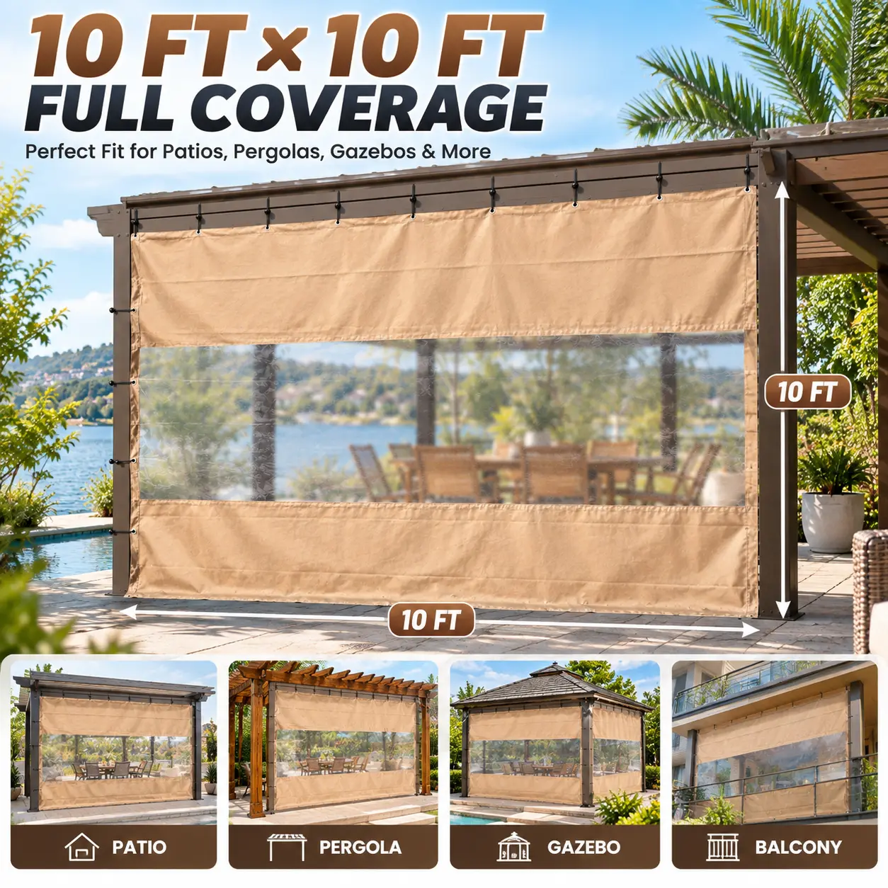 Outdoor Transparent Panel Curtain, 18 oz Waterproof PVC Polyester Weather-Resistant 10x10 ft Full Coverage Curtain for Patios/Gazebos & Pergola-238830