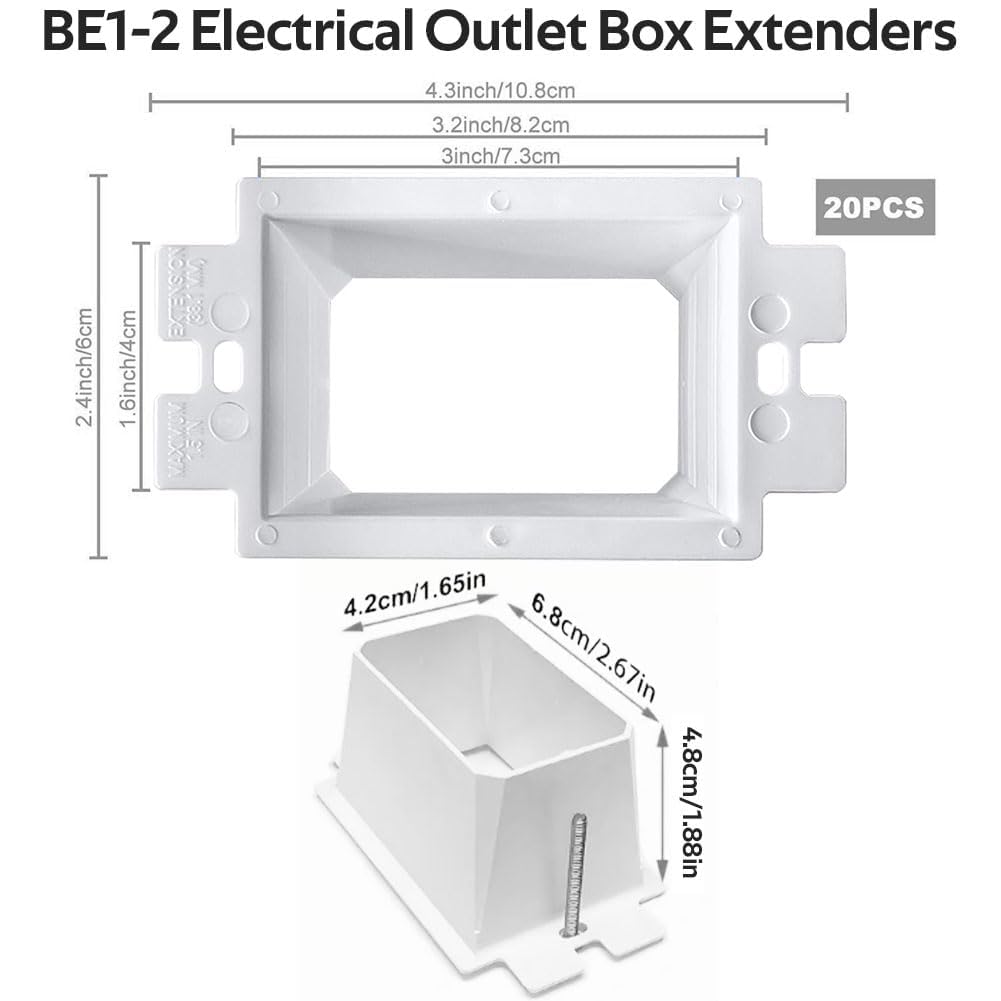 10 count BE1-2 Electrical Outlet Box Extenders 1-Gang with 20 count Screws | 1-Gang Box Extender Single Gang Electric Box Extender 1 Gang Power Outlet Accessories White