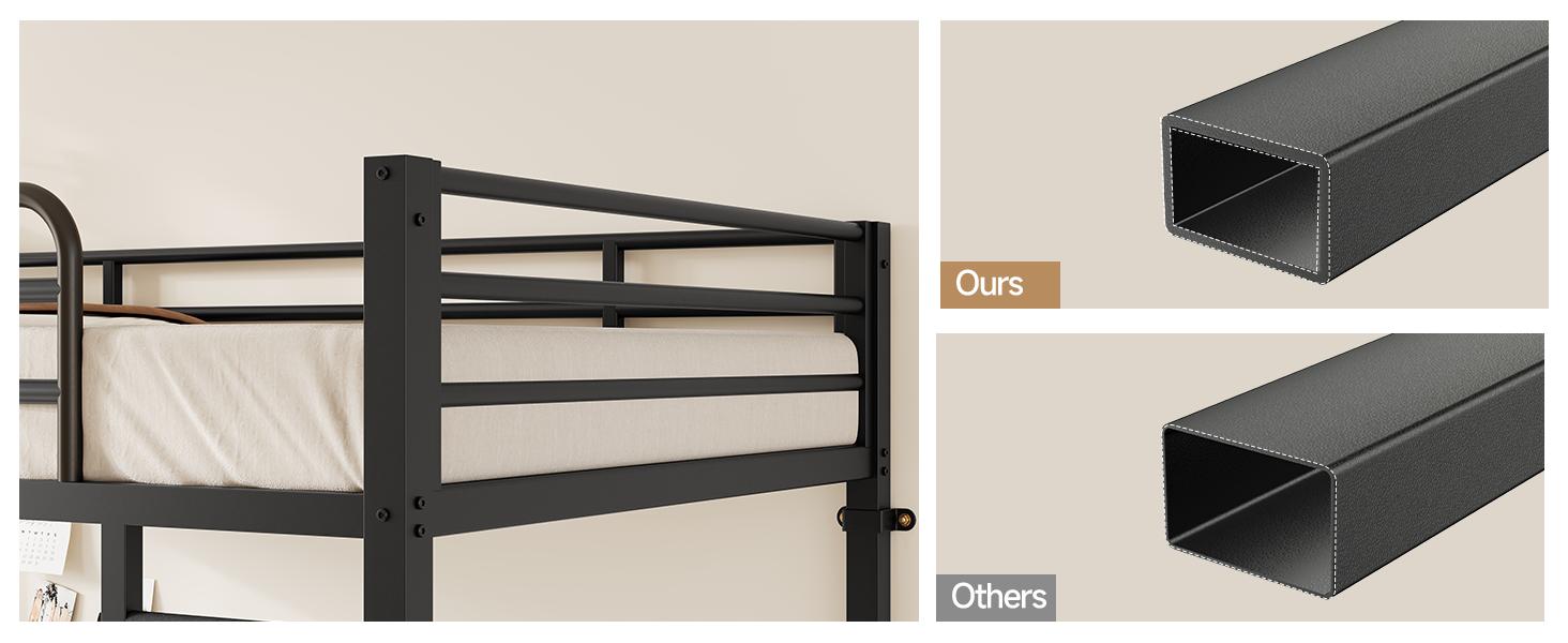 【SPRING GLOW UP】ONBRILL Bunk Bed Twin Over Twin, Metal Bunk Beds with Power Outlets & Desk, Heavy-Duty Bunkbeds Frame with Safety Guardrail & Ladders, Upper Bed with Storage Rack, No Box Spring Needed, for Juniors