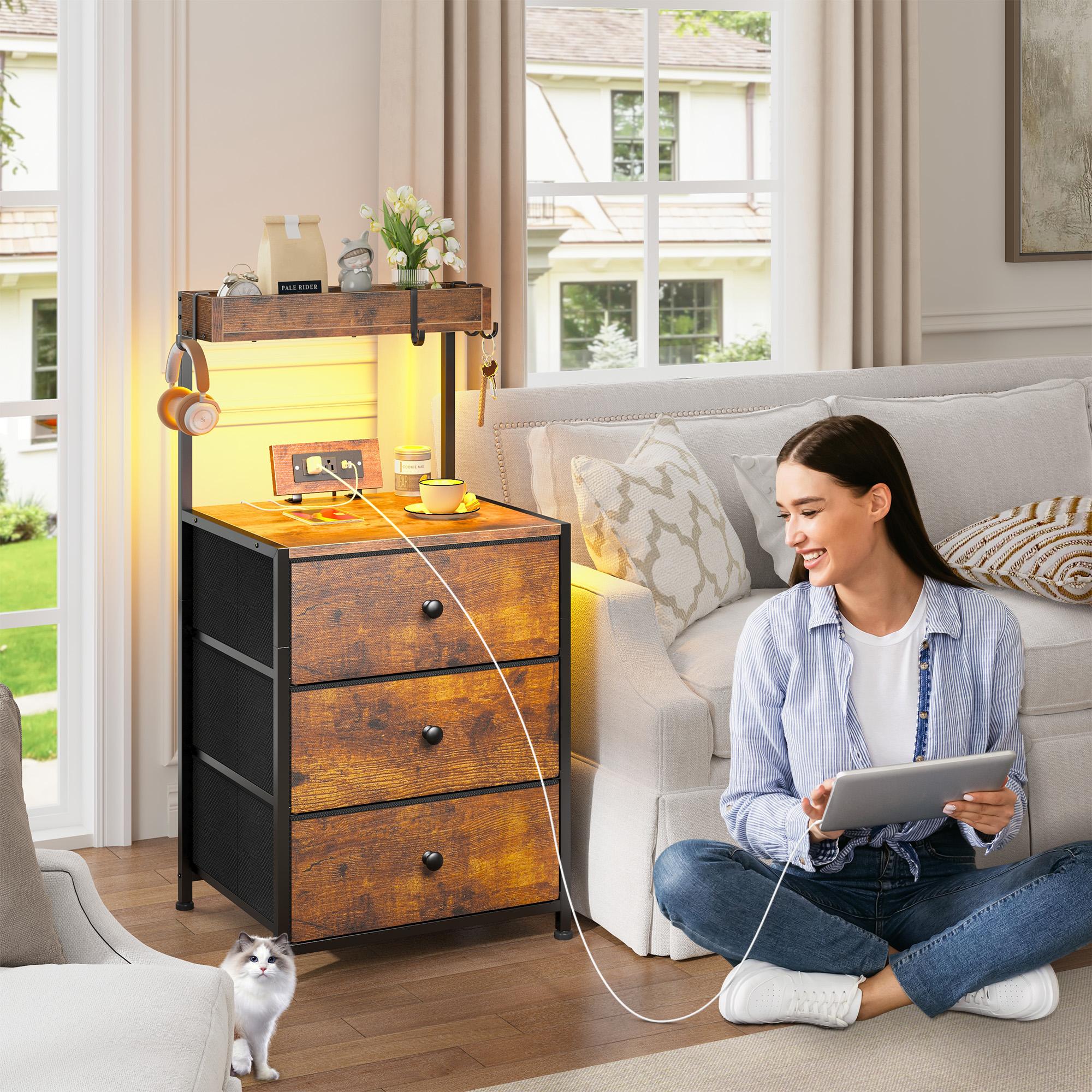 LED Nightstand Set of 2 with 3 Fabric Drawers & Shelf & Hooks, Tall Nightstand with LED & Power Outlet , End Table with Charging Station, Bed Side Table for Bedroom Furniture, White, Black, Rustic Brown