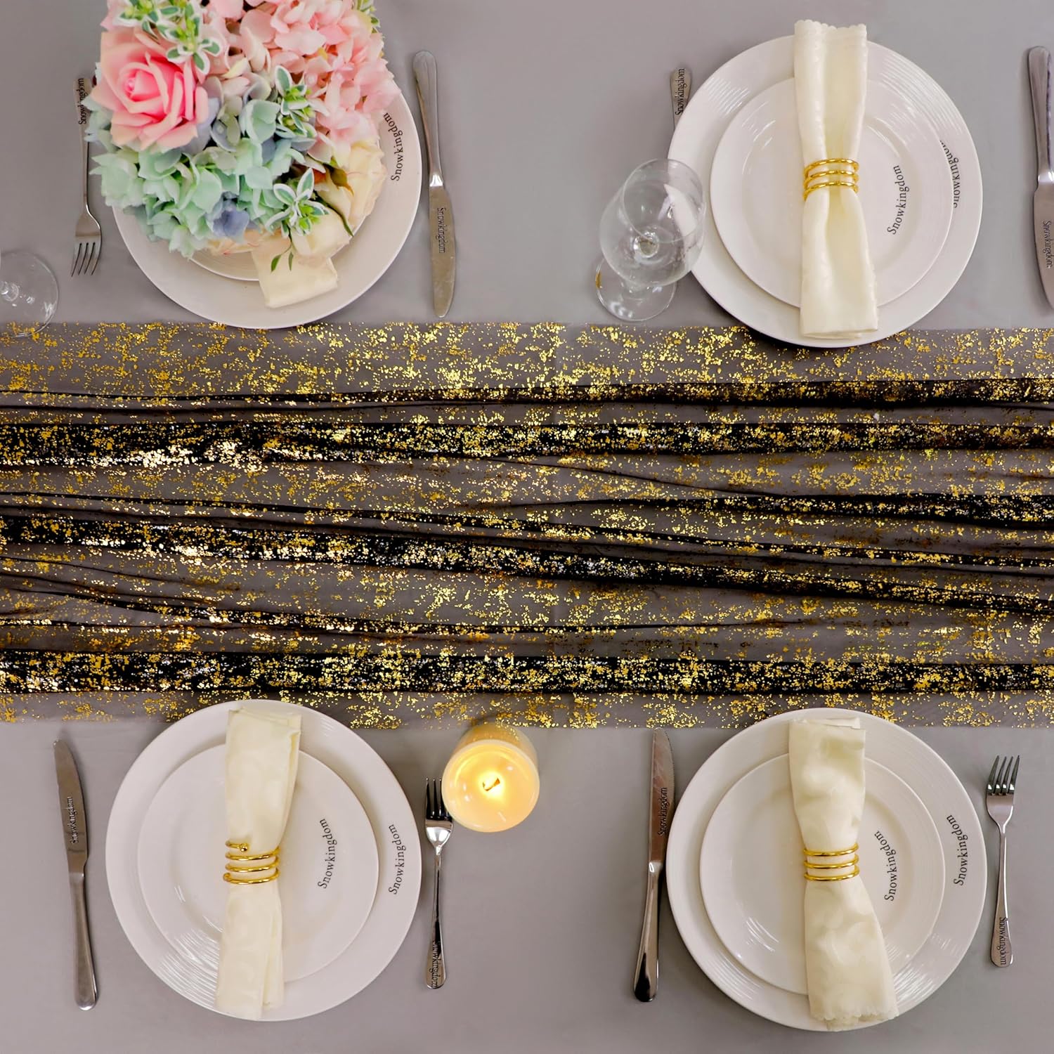 70X400CM Soft Black Gold Metallic Foil Table Runner ,Soft Sparkle Golden Foil Dining Table Decoration For Wedding Bride Shower