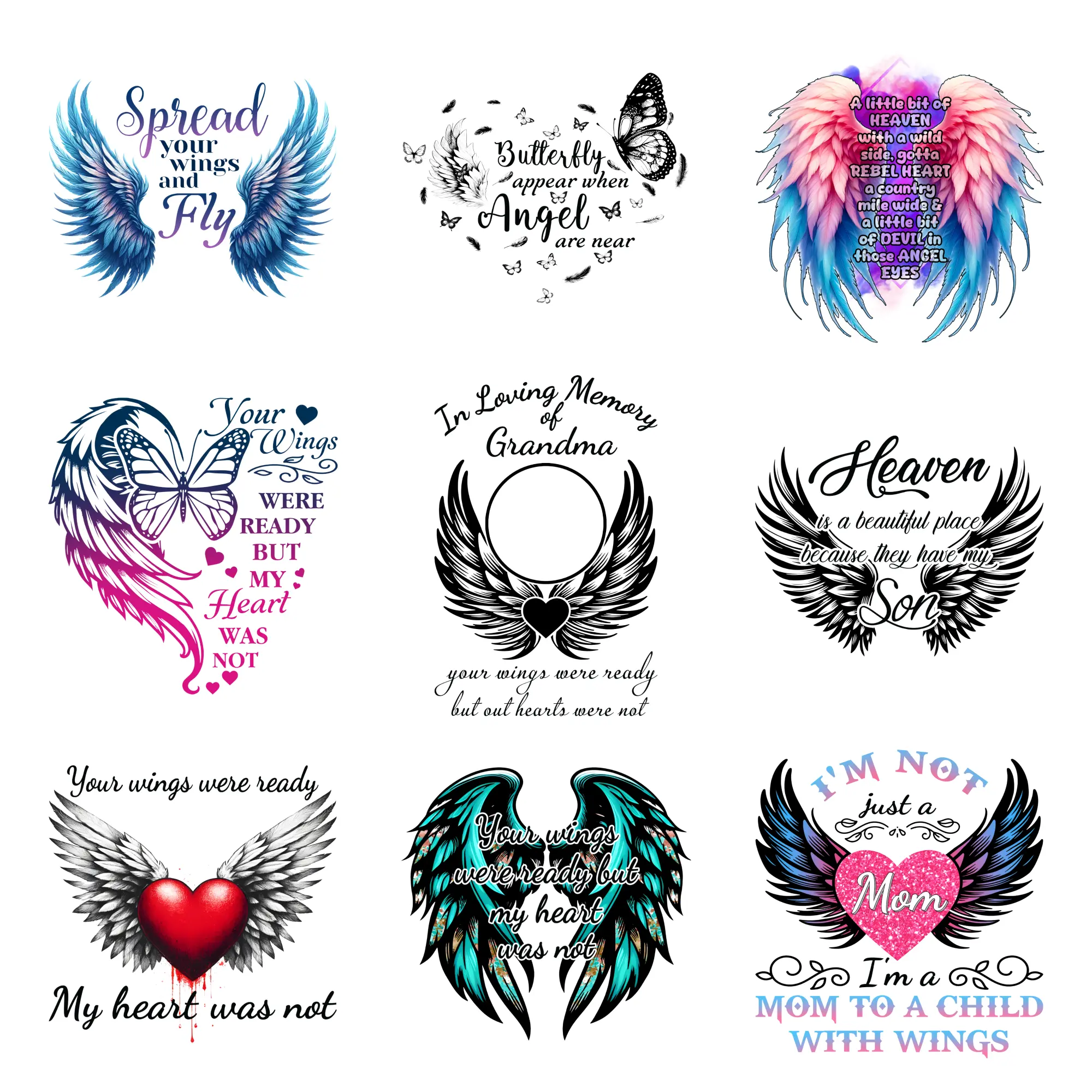 9 Pcs Angel Wings Butterfly Memory Feathered Heart Winged Tribute Skyward Soul Grief Wings Love Ascends Mom Angels Heart Soars Eternal Flight Iron on Transfers Iron on Decals for T Shirts Transfers Sticker On Clothes for Clothing