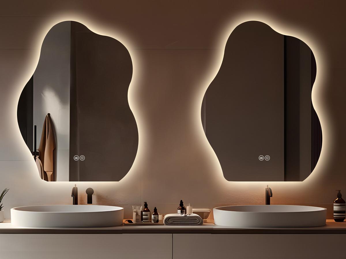 Yoding LED Bathroom Mirror 24x32" Stepless Dimmable Irregular Mirror with Light Anti-Fog Memory Al-Alloy Lampshade Frameless Water Proof Makeup Mirror for Bathroom Vertical Only