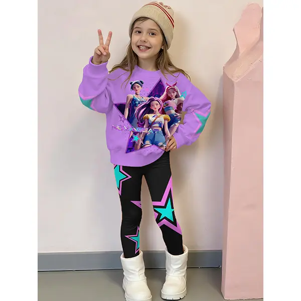 Sparklyn 2pcs/Set Tween Girl KPOP Graphic Print Top, Girls Crew Neck Sweatshirt And Leggings Set, Fashionable Casual, Suitable For Autumn/Winter