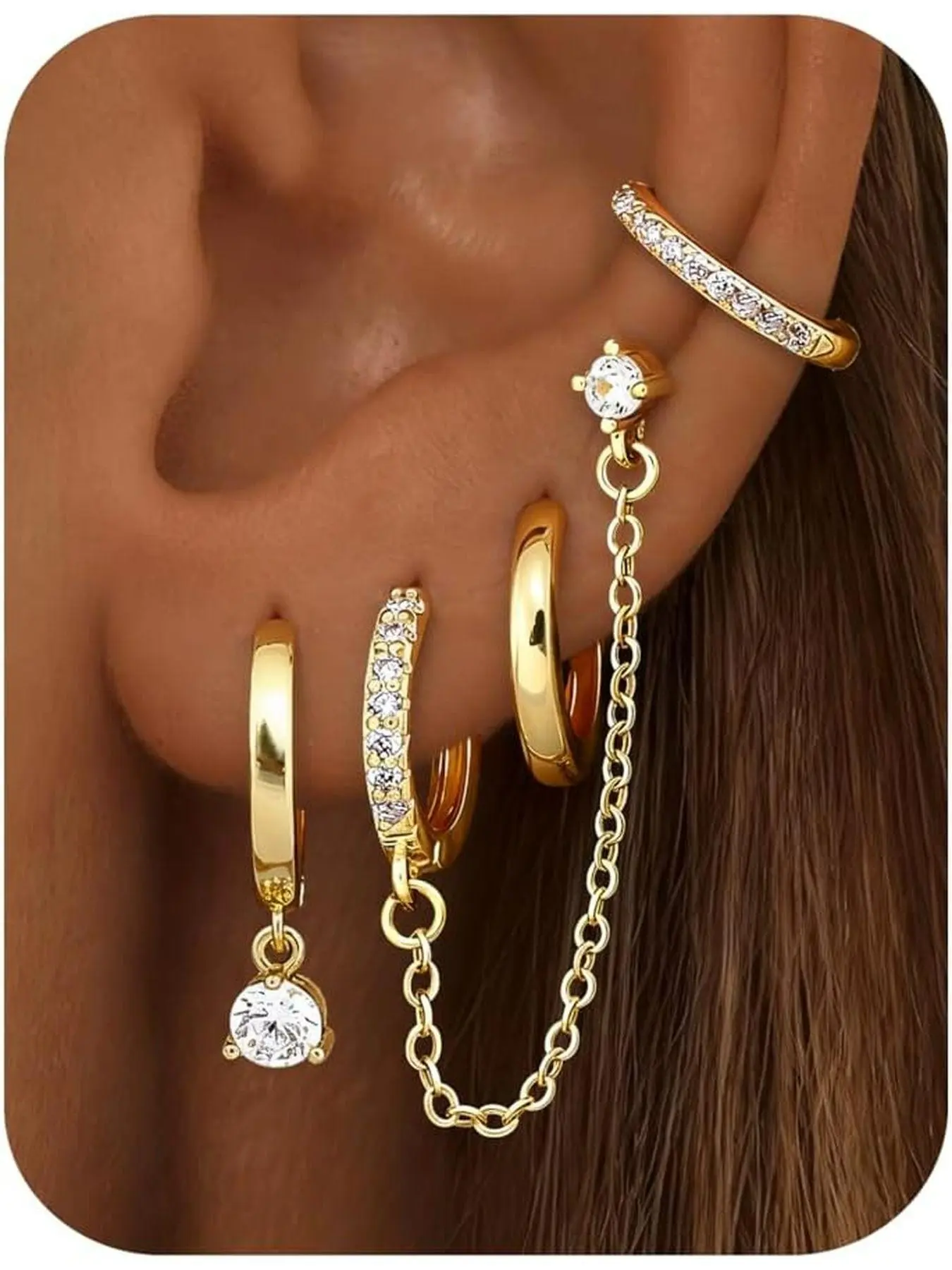 4 Pairs Small Hoop Earrings for Women Trendy Chain Drop Earrings Set, Hypoallergenic CZ Huggie Hoops, Lightweight Cartilage Earring Stacks