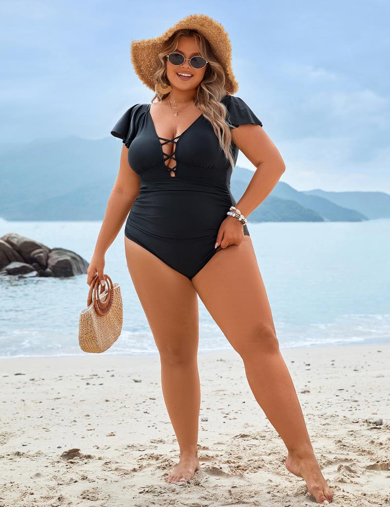 Blooming Jelly Women's Plus Size One Piece Swimsuit Tummy Control Bathing Suit Vintage V Neck Swimwear