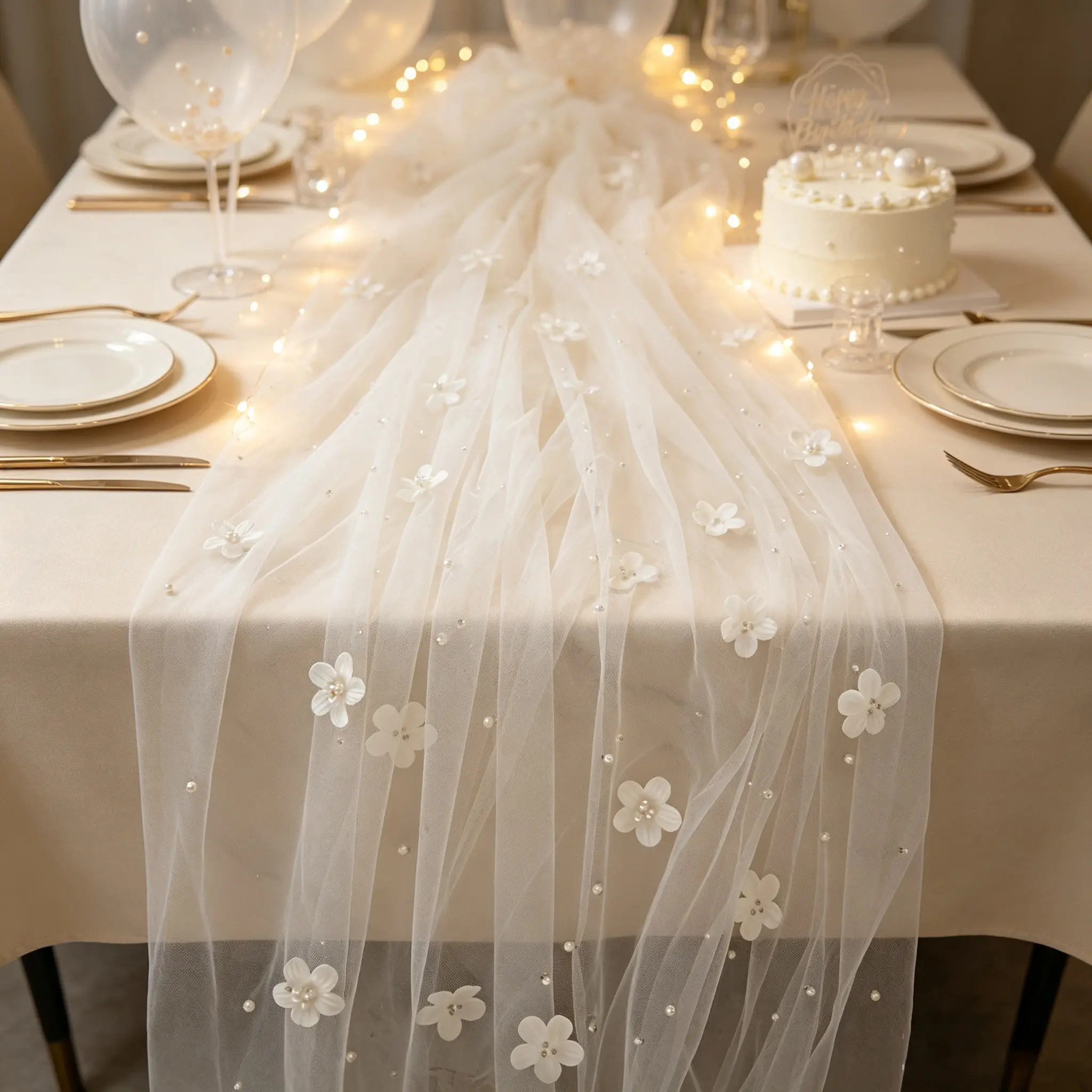 Romantic Floral Pearl Mesh, Lightweight Breathable, Wedding Drapery, Table Runner, Arch Backdrop, DIY Decoration, Wedding Party Decor, Free Cut