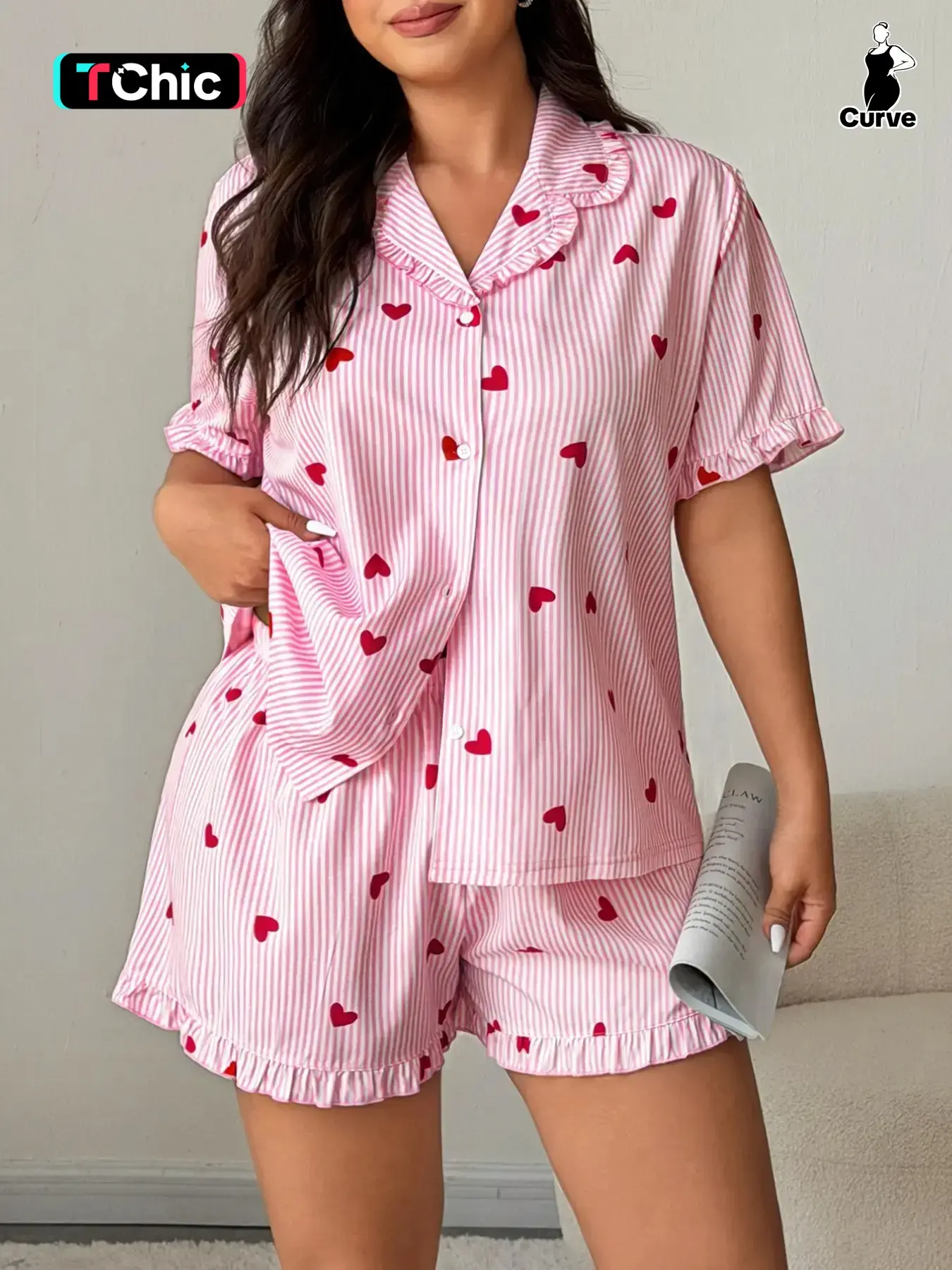 Plus Size Women's Feminine Heart Stripe Print Pajama Set, Floral Hem Ruffle Button Front Short Sleeve Top + Printed Shorts, Sweet Comfortable Sleepwear, Loungewear, Pjs, Love Print Sleepwear, Pajamas Lounge Set