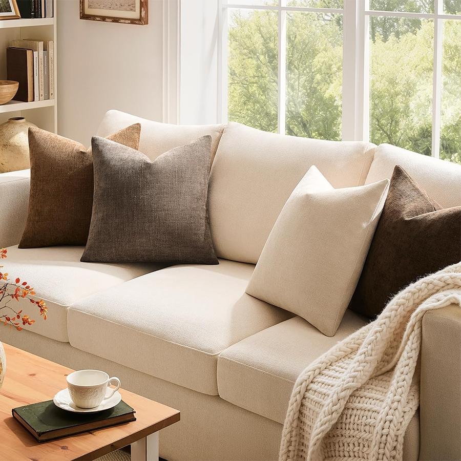 4Pcs Throw Pillow Covers, 18x18 & 20x20 Inch, Chenille Textured Neutral Brown, Solid Decorative Farmhouse Cushion Covers, Boho Western Home Decor for Couch, Sofa, Bed & Living Room