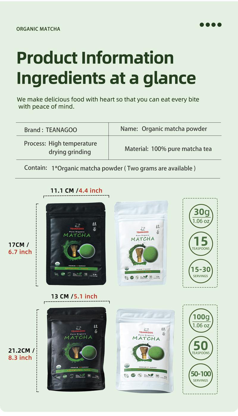 TEANAGOO Ceremonial Grade Matcha Powder Premium First-Harvest USDA Organic Unsweetened No Additives for Latte Daily Beverage or Traditional Tea Ceremony Multiple  Healthy