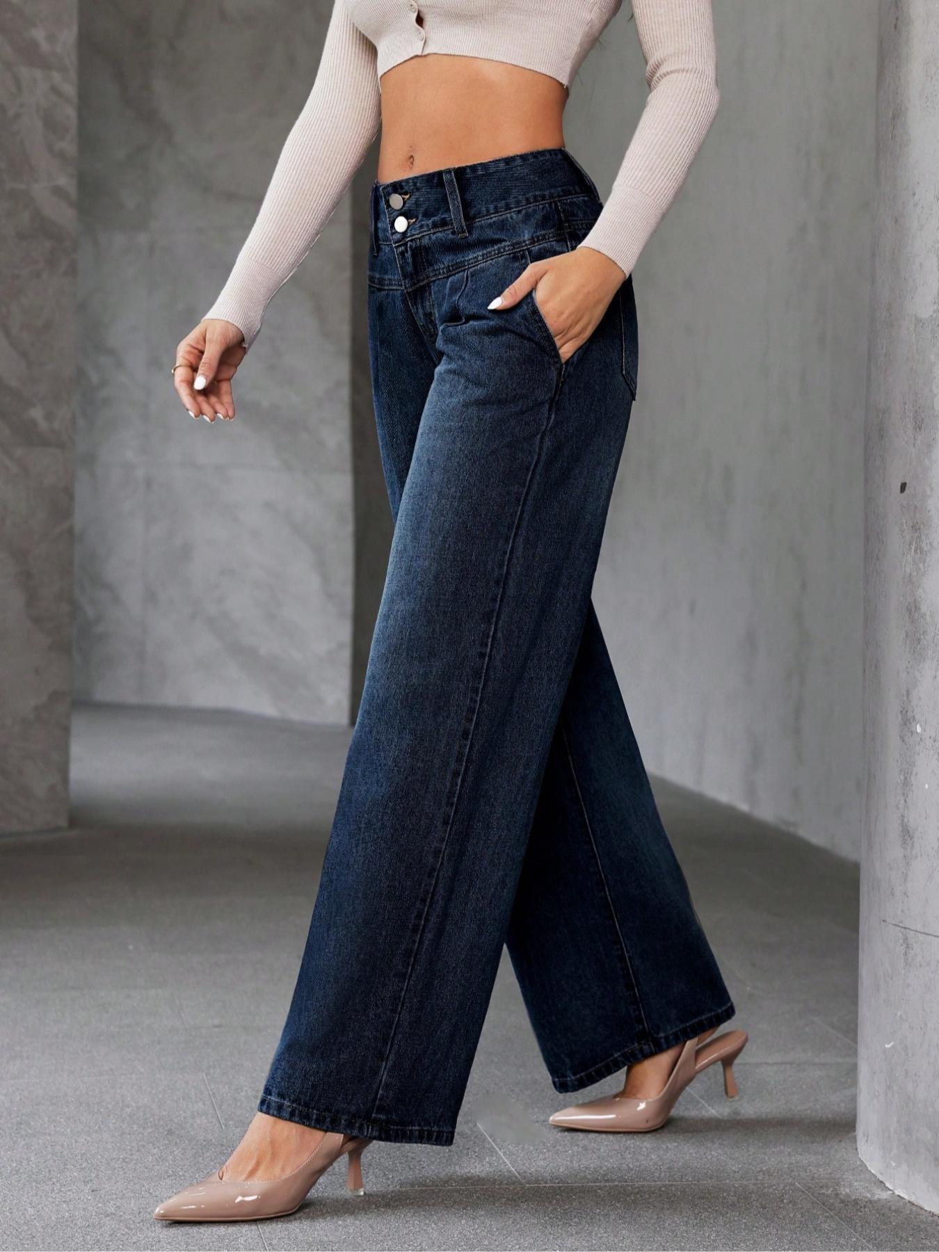 Women's Wide-Leg Loose-Fit Jeans Pants, High-Waisted Button Fly Denim Jeans with Pockets, Fashionable Comfortable Everyday Casual Wear for All Seasons