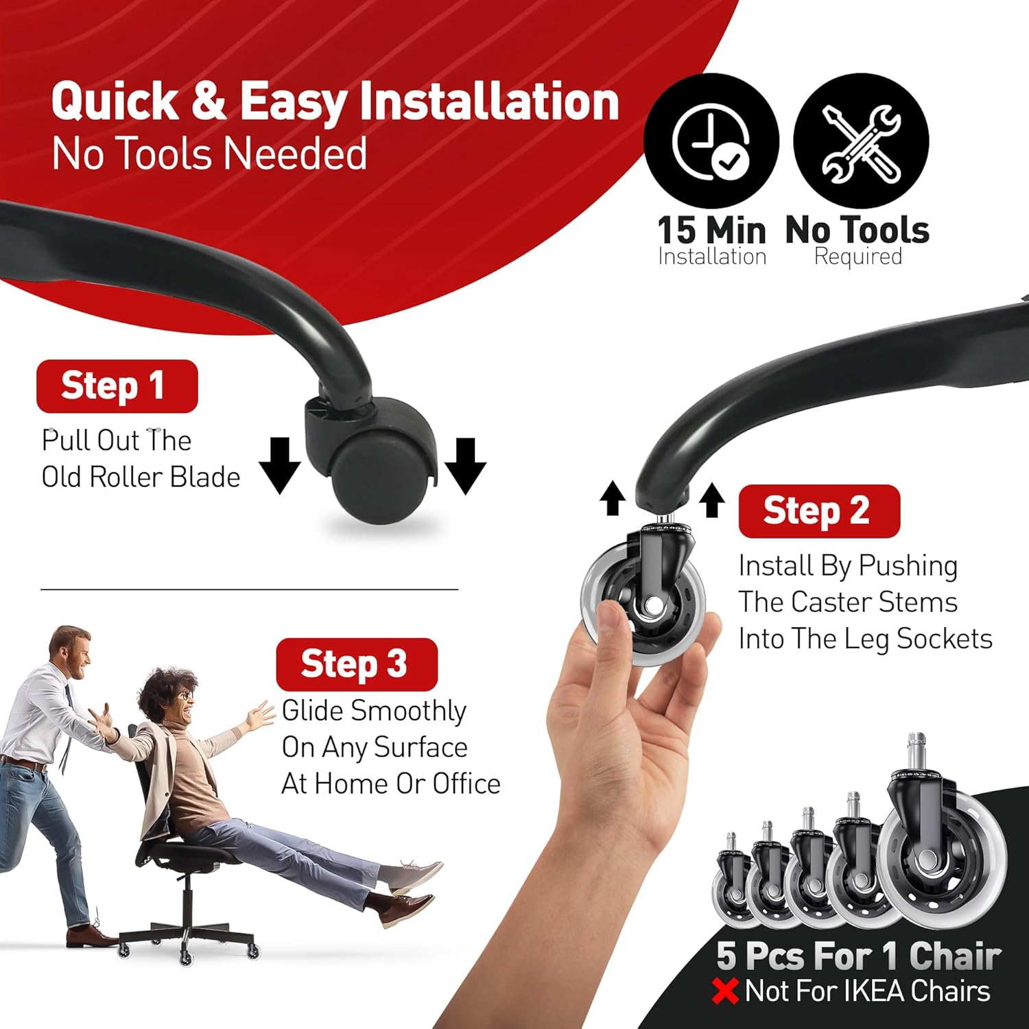 Office Chair Caster Wheels Set of 5 - Smooth 3 inch Heavy-Duty Replacement Rubber Wheels for Gaming & Desk Chair - Easy to Install, Suitable for Hardwood Floors, Carpet, Tiles (Clear)