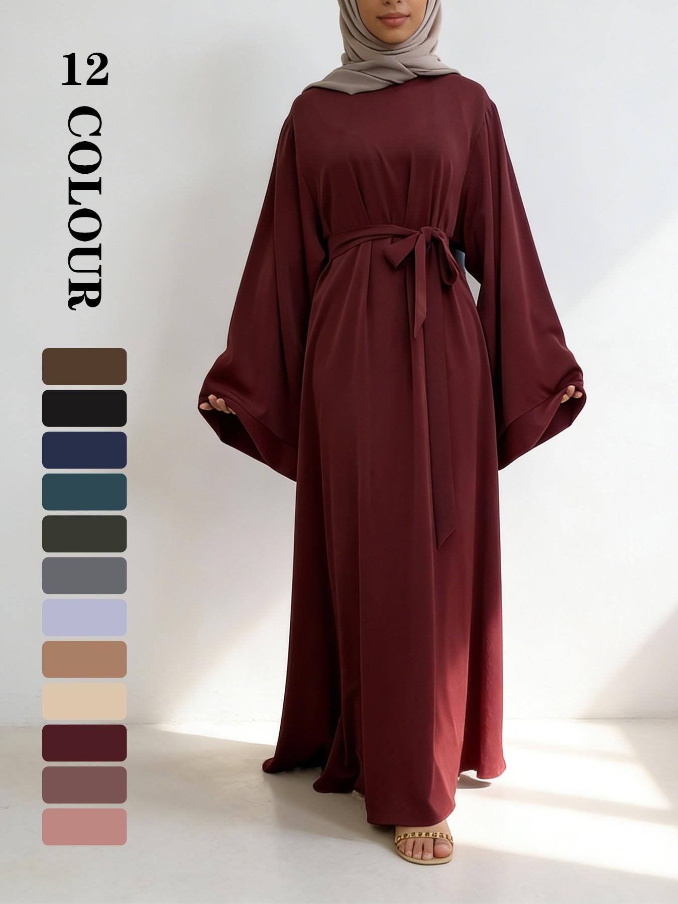 Muslim Modest Fashion Simple Nida High-Quality Long Sleeve Wide Sleeve Dress with Waist Belt, No Hijab Included, 12 Colors, 5 Sizes Available EID Ramadan Dress, Muslim Evening Dress