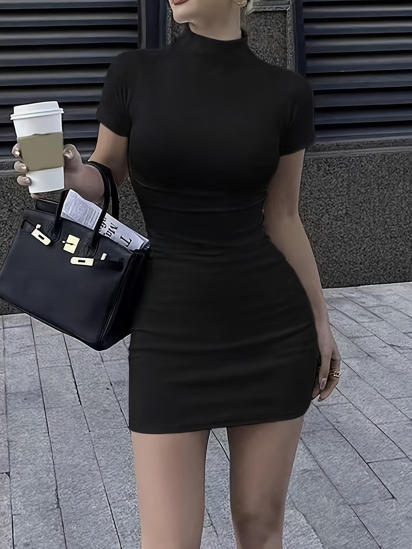 Fashion Solid Color Stand Collar Slim Fit Short Sleeve Dress, Stylish Casual Summer Dress, Women's Elegant Daily Wear