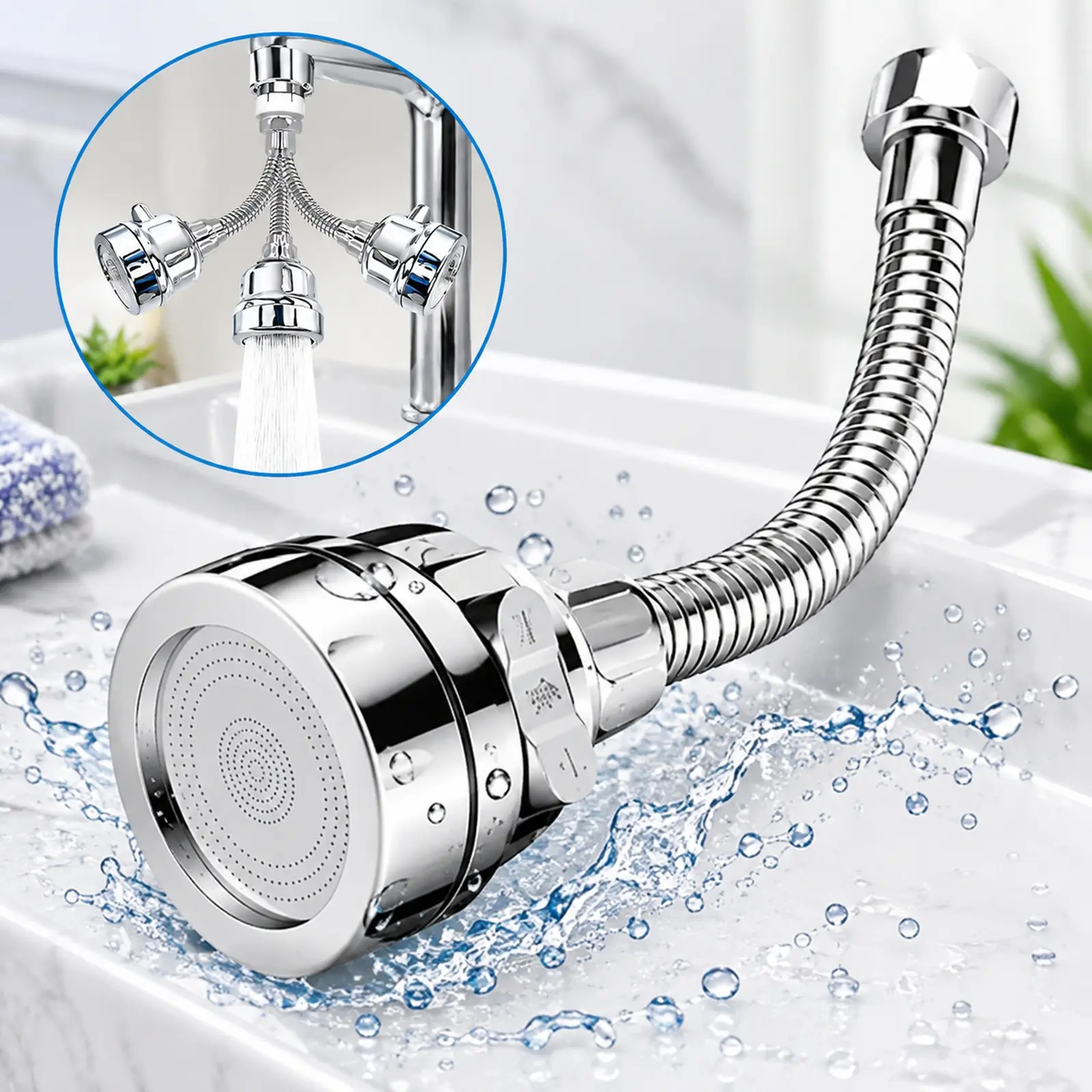 Stainless Steel Kitchen Faucet Sprayer Attachment, 360-Rotatable Water-Saving Sink Nozzle