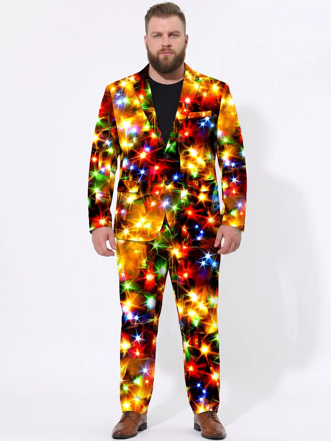 Plus Size Men's Christmas Lights Print Suit Set – Creative and Fun Two-Piece Suit for Men's Christmas Parties