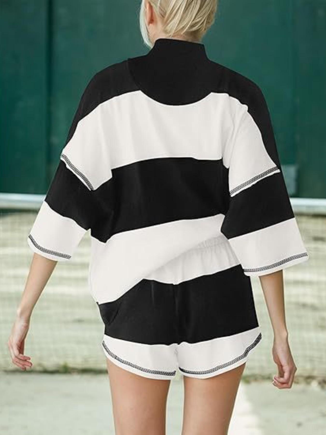 Women's Striped Half Sleeve Oversized Shorts, Casual Sportswear Set, Tennis Attire, Spring/summer Fashion, Comfortable & Stylish, Summer Athletic Wear