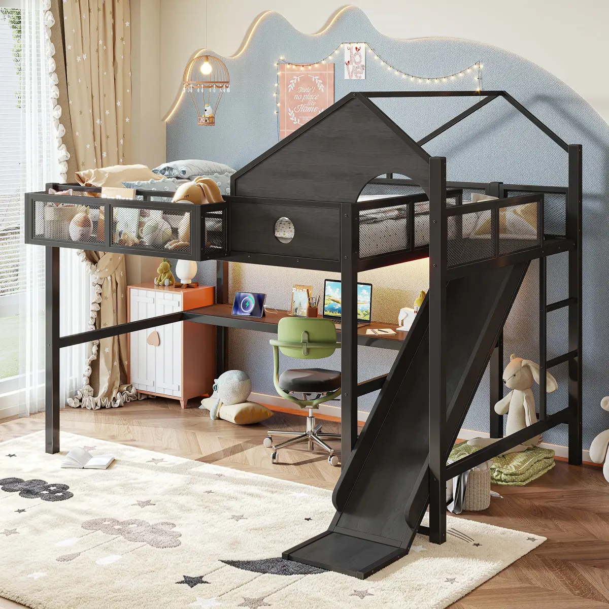 [Bellemave] Full/Queen Metal Loft Bed with Slide, Multifunctional Storage Shelves, USB Ports and Led Lights, Triangular Geometry House Design, Black